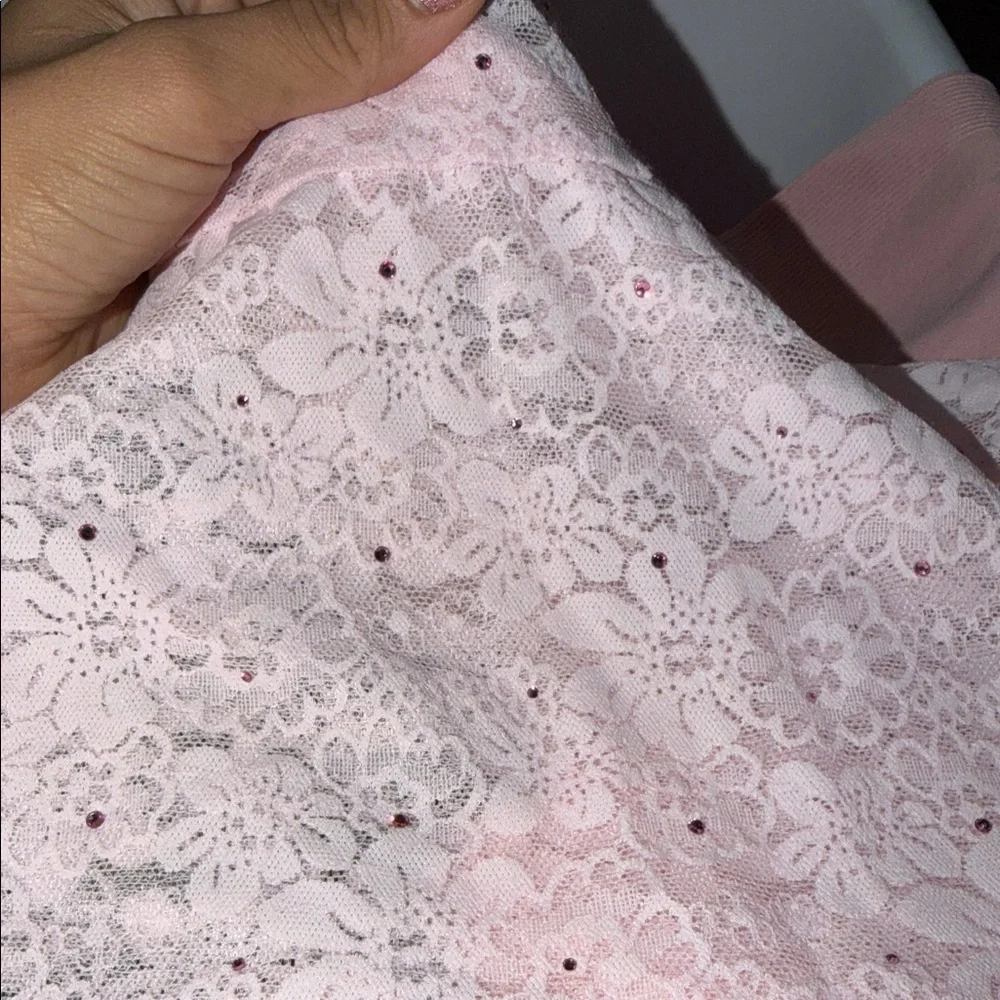 🎀PINK Victoria's Secret Lace Long Sleeve body suit - Light Pink with pink bling